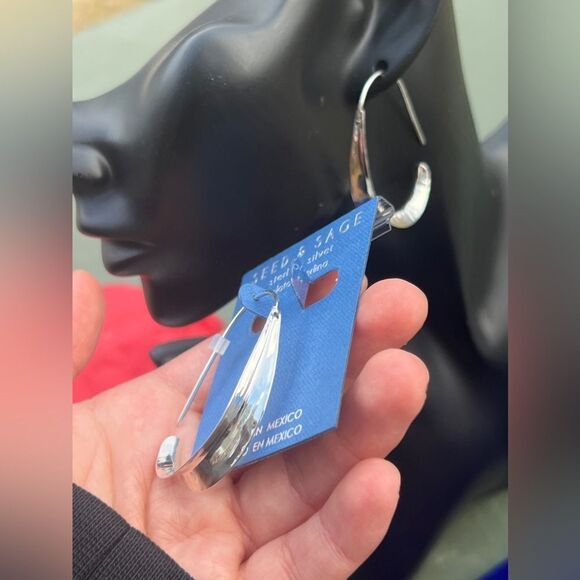 Seed & Sage Hammered Sterling Silver Crescent Hoop Earrings - Made in Mexico - Picture 4 of 8